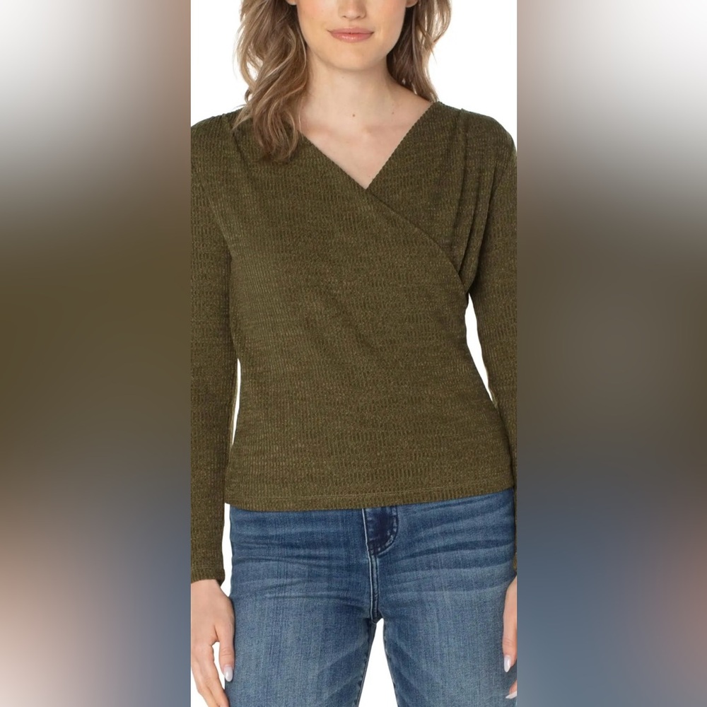Liverpool NWT long sleeve olive wrap sweater top melange ribbed knit fabric